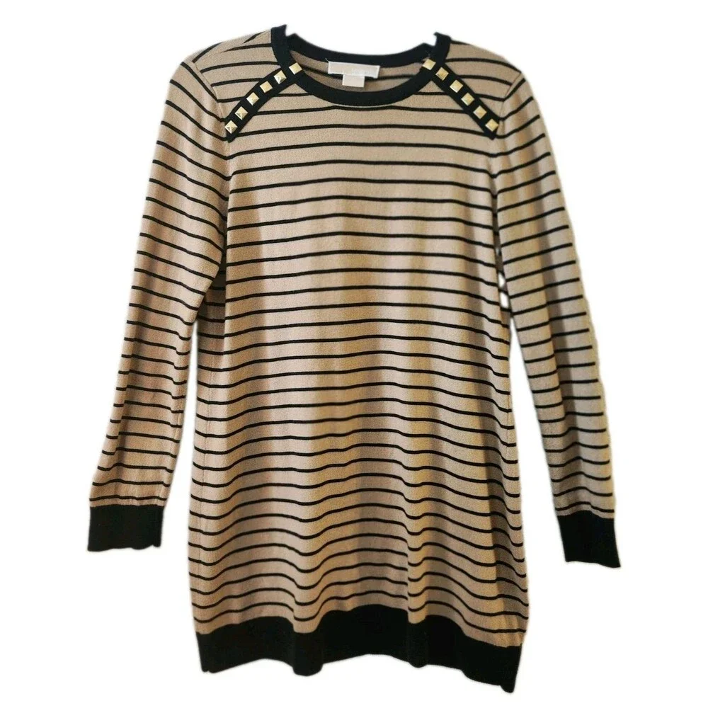Michael Kors Sweater Sz L Striped Tunic w/Studded Shoulder Accents Gold Black